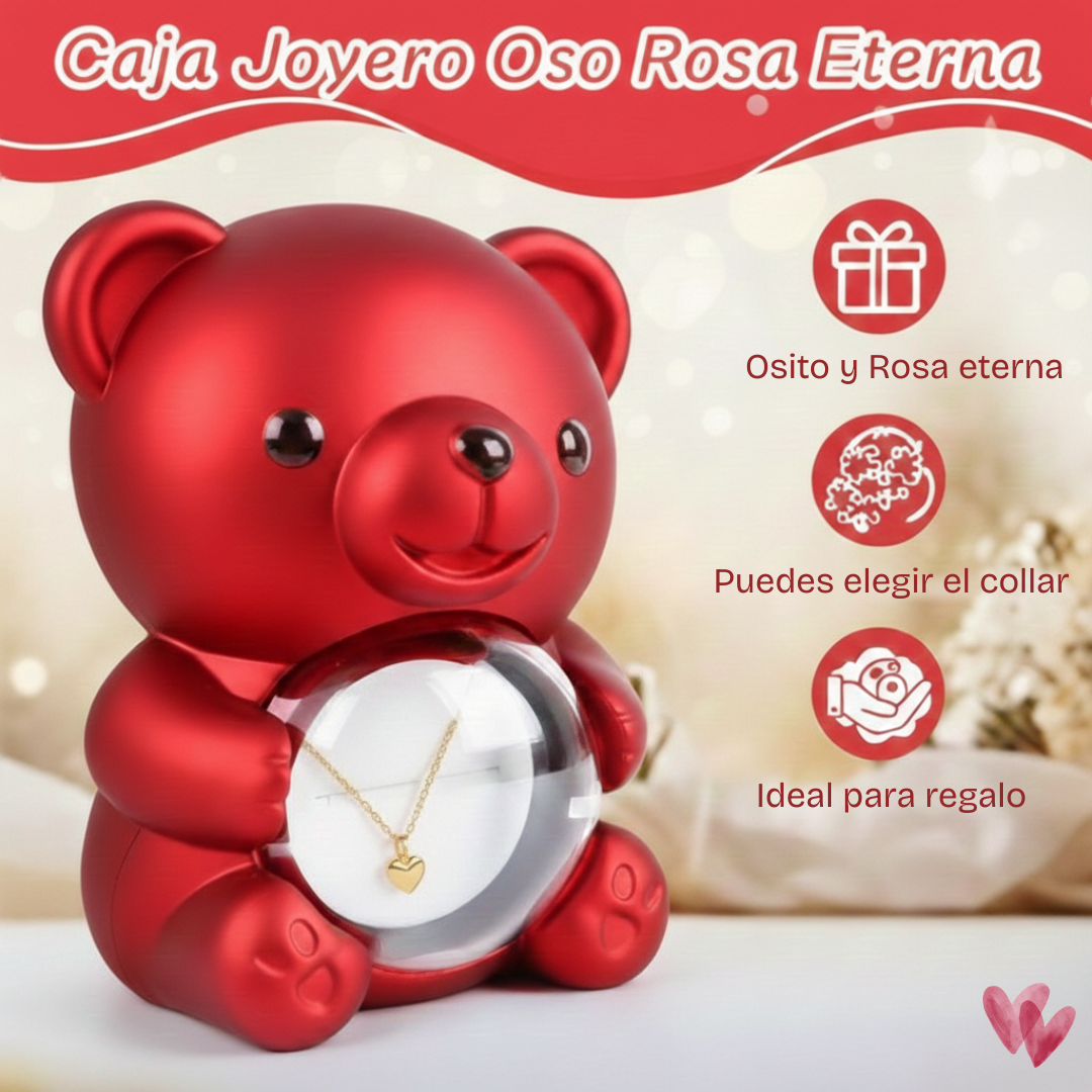 Osito con rosa eterna y collar personalizado