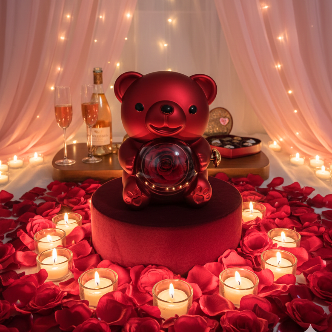 Osito con rosa eterna y collar personalizado