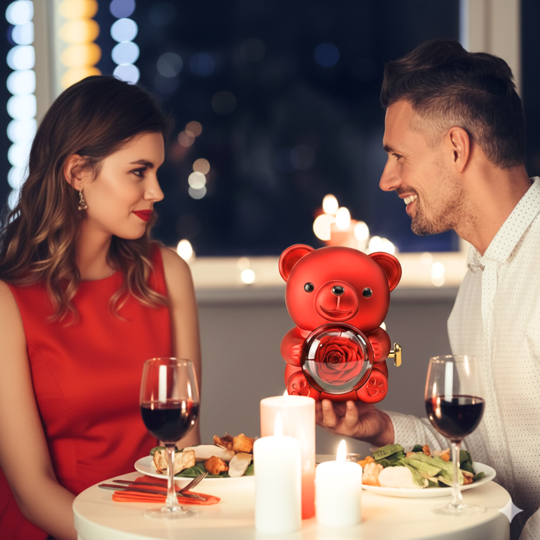 Osito con rosa eterna y collar personalizado